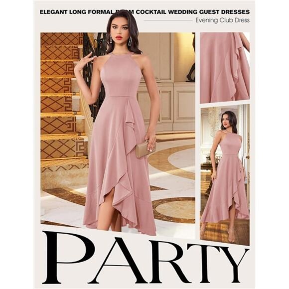 Womens Halter Split Hem Dress Elegant Pink - Picture 4 of 6